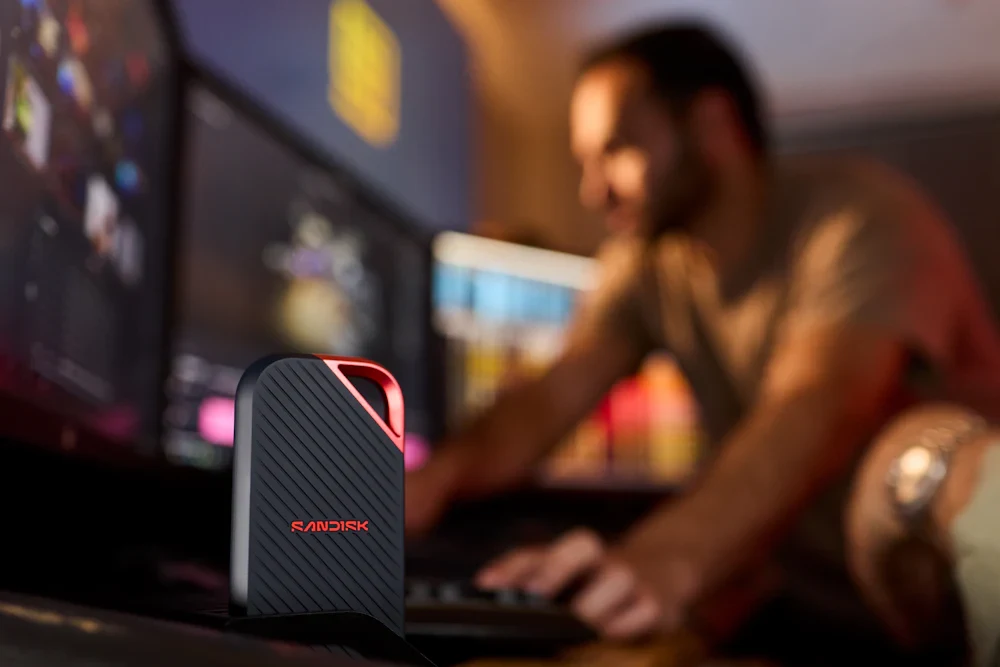 A portable data storage device at a computer workspace